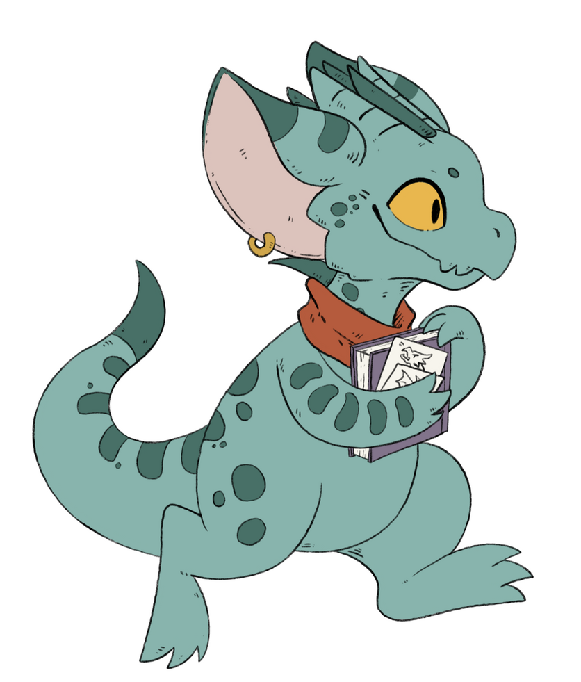 A teal kobold with dark teal markings and yellow eyes is running to the right. She appears to be carrying a book and various sheets of paper which are adorned with doodles of dragons.